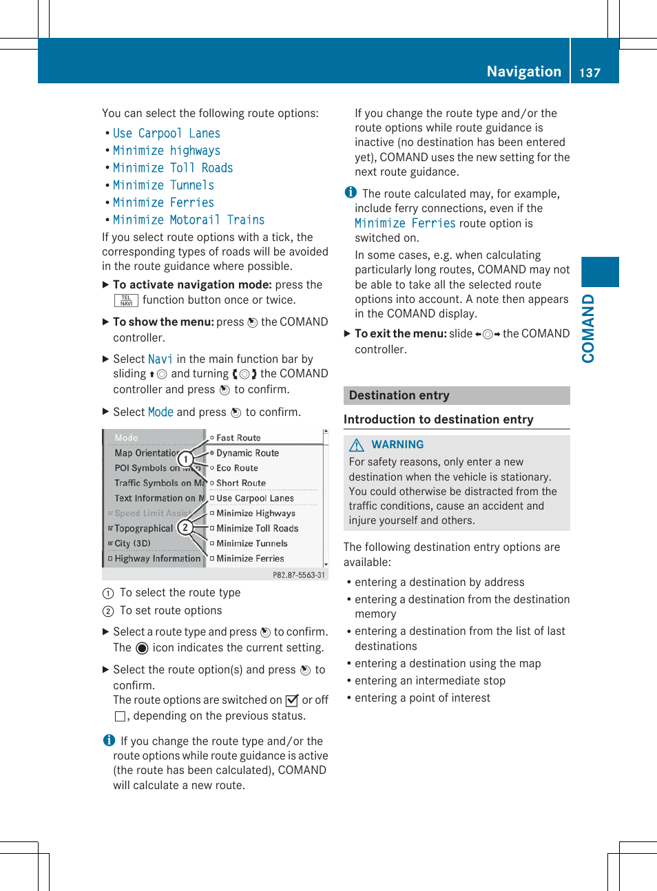 Destination entry, Comand, Navigation | Mercedes-Benz CL-Class 2012 User Manual | Page 139 / 488