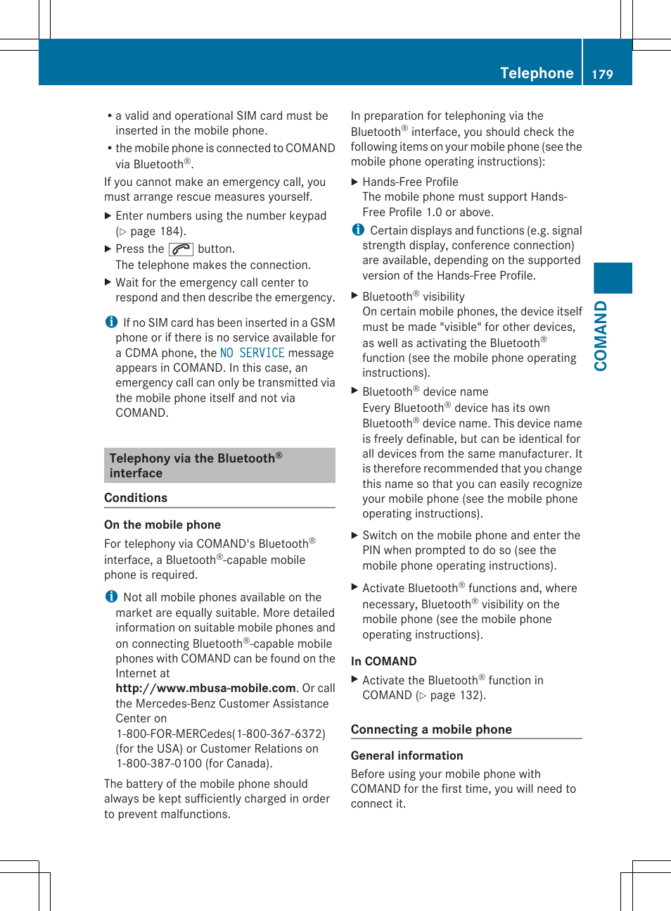 Telephony via the bluetooth® interface, Comand, Telephone | Mercedes-Benz CL-Class 2012 User Manual | Page 181 / 488