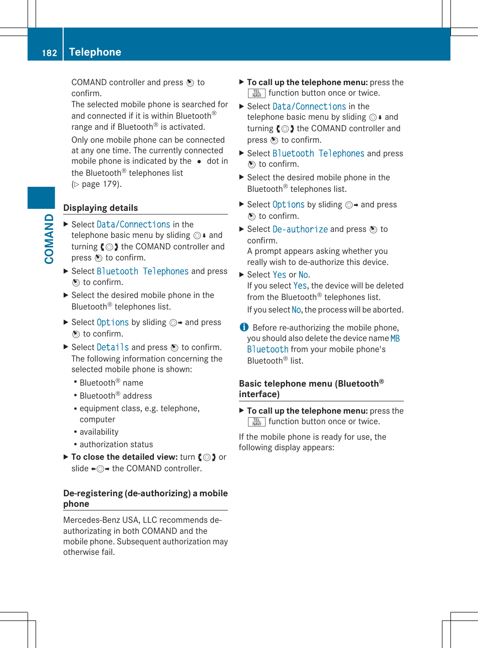 Mobile phone, Comand, Telephone | Mercedes-Benz CL-Class 2012 User Manual | Page 184 / 488