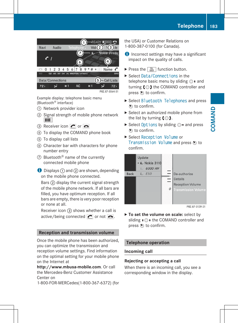 Reception and transmission volume, Telephone operation, Comand | Telephone | Mercedes-Benz CL-Class 2012 User Manual | Page 185 / 488