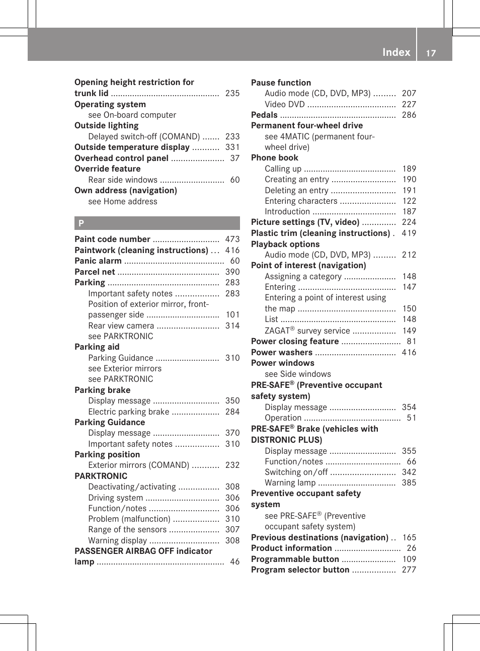 Index | Mercedes-Benz CL-Class 2012 User Manual | Page 19 / 488