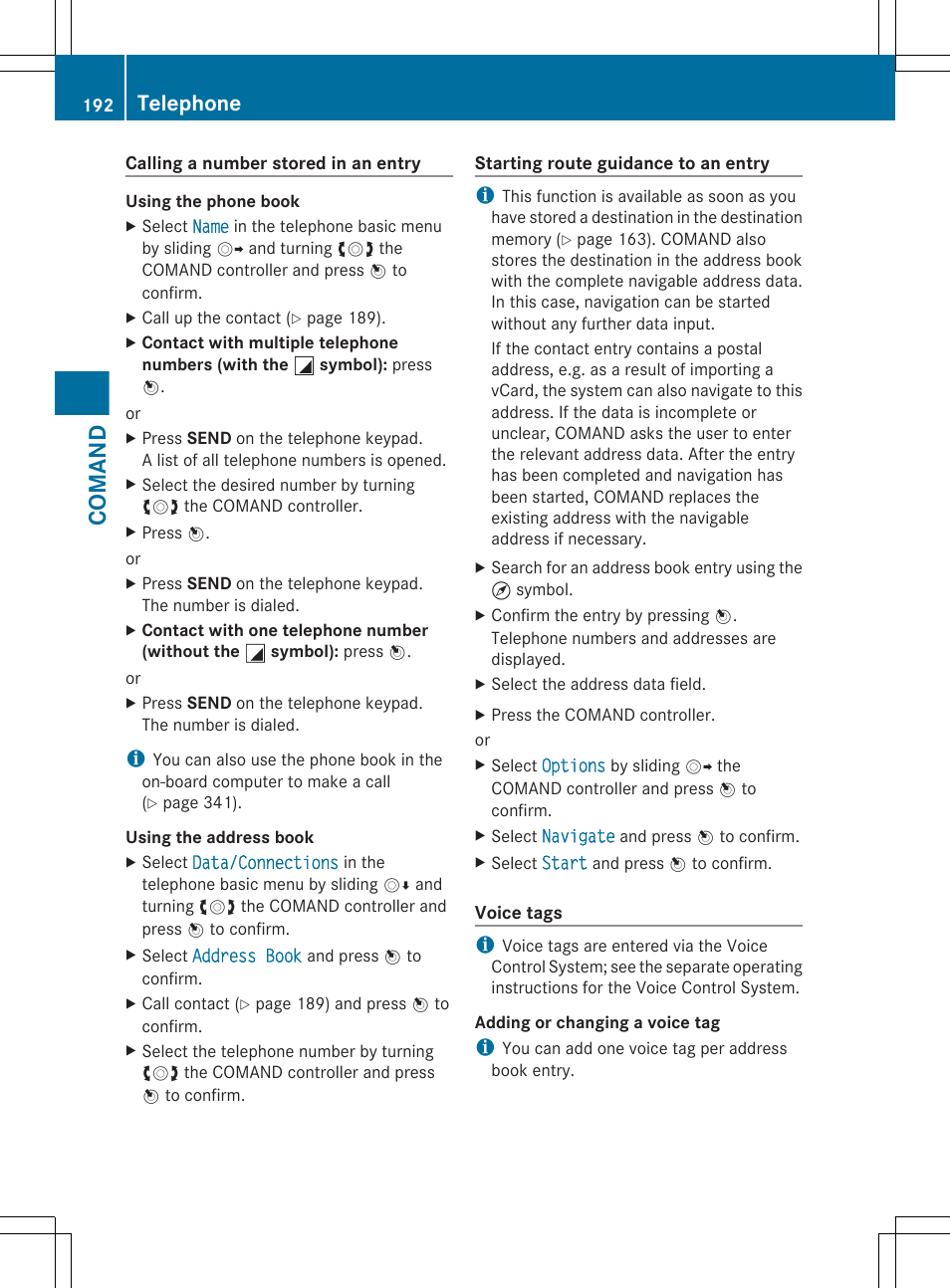 Comand, Telephone | Mercedes-Benz CL-Class 2012 User Manual | Page 194 / 488