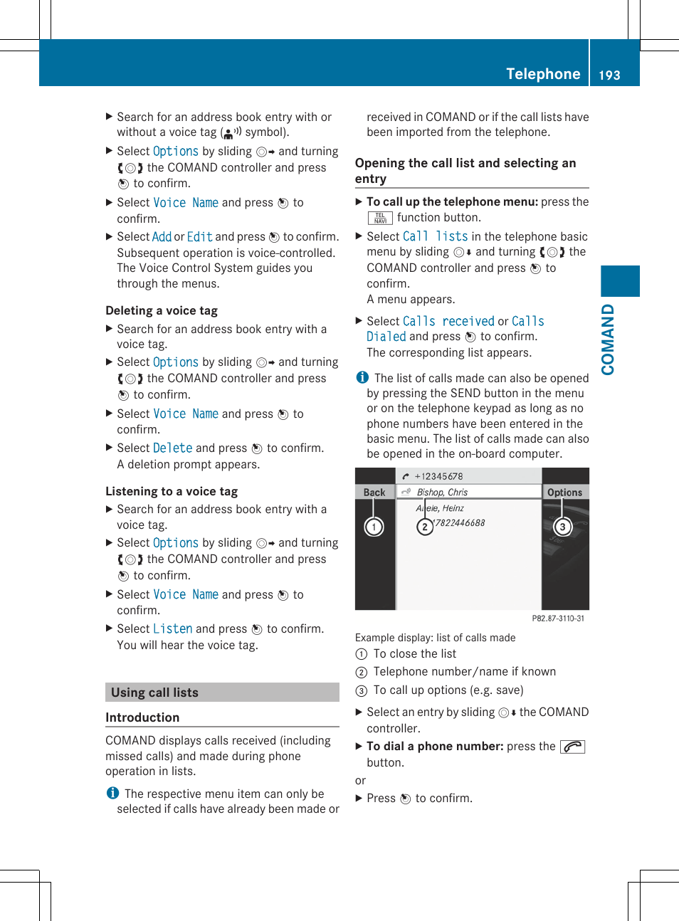 Using call lists, Comand, Telephone | Mercedes-Benz CL-Class 2012 User Manual | Page 195 / 488
