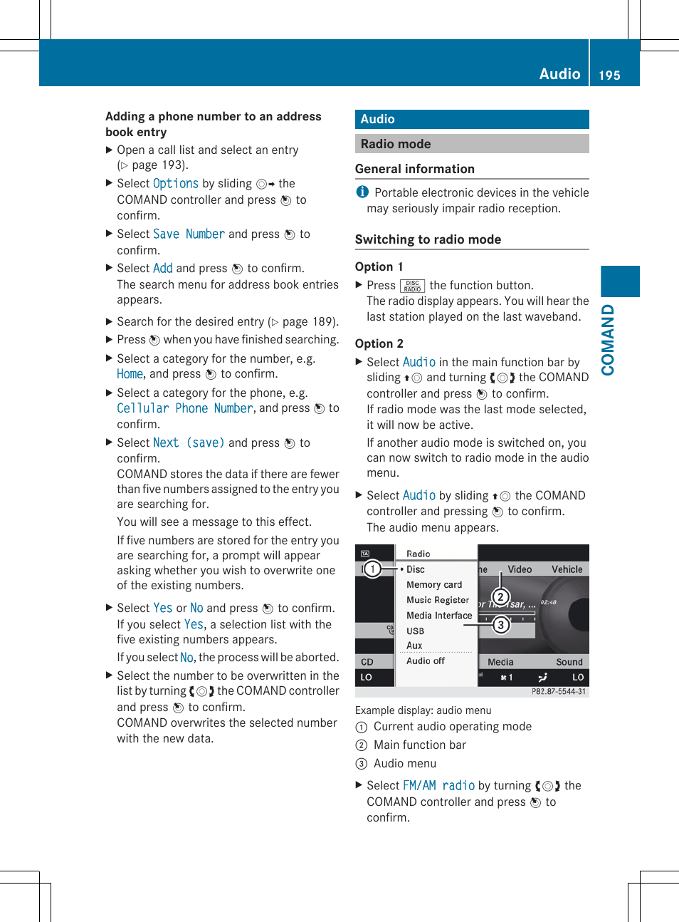 Audio, Radio mode, Comand | Mercedes-Benz CL-Class 2012 User Manual | Page 197 / 488