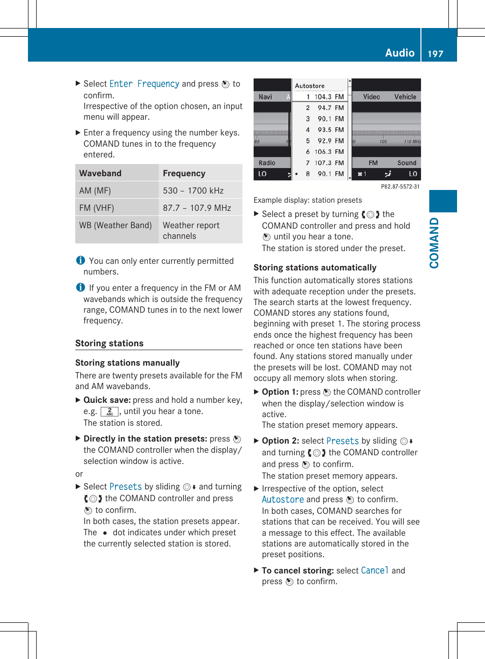 Stores stations manually, Comand, Audio | Mercedes-Benz CL-Class 2012 User Manual | Page 199 / 488