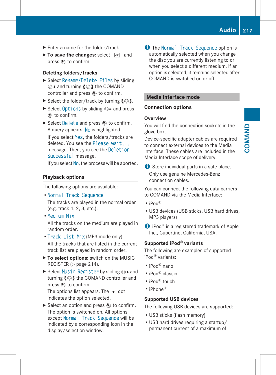Media interface mode, To delete music files, Comand | Audio | Mercedes-Benz CL-Class 2012 User Manual | Page 219 / 488