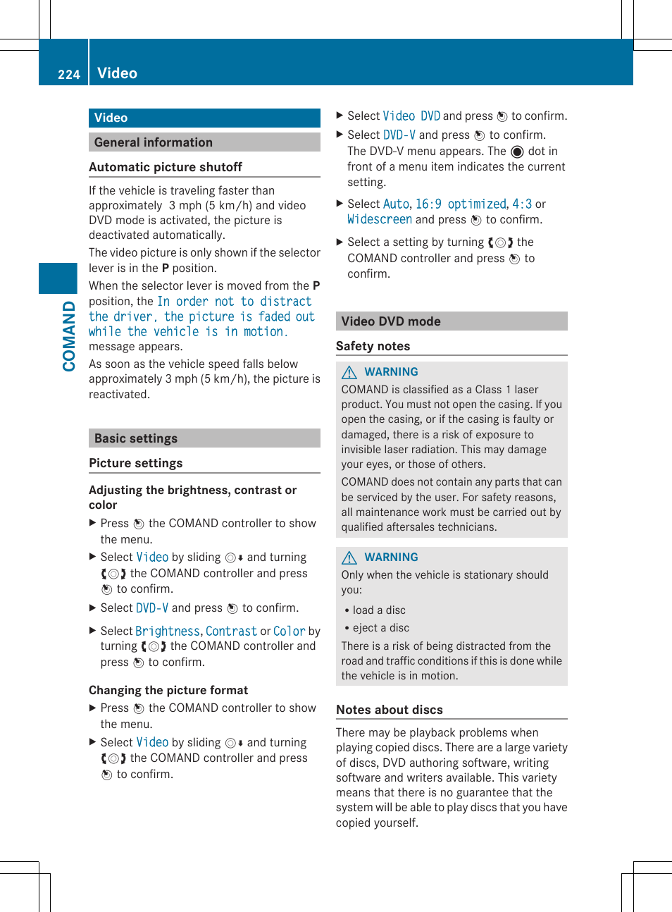 Video, General information, Basic settings | Video dvd mode, Comand | Mercedes-Benz CL-Class 2012 User Manual | Page 226 / 488