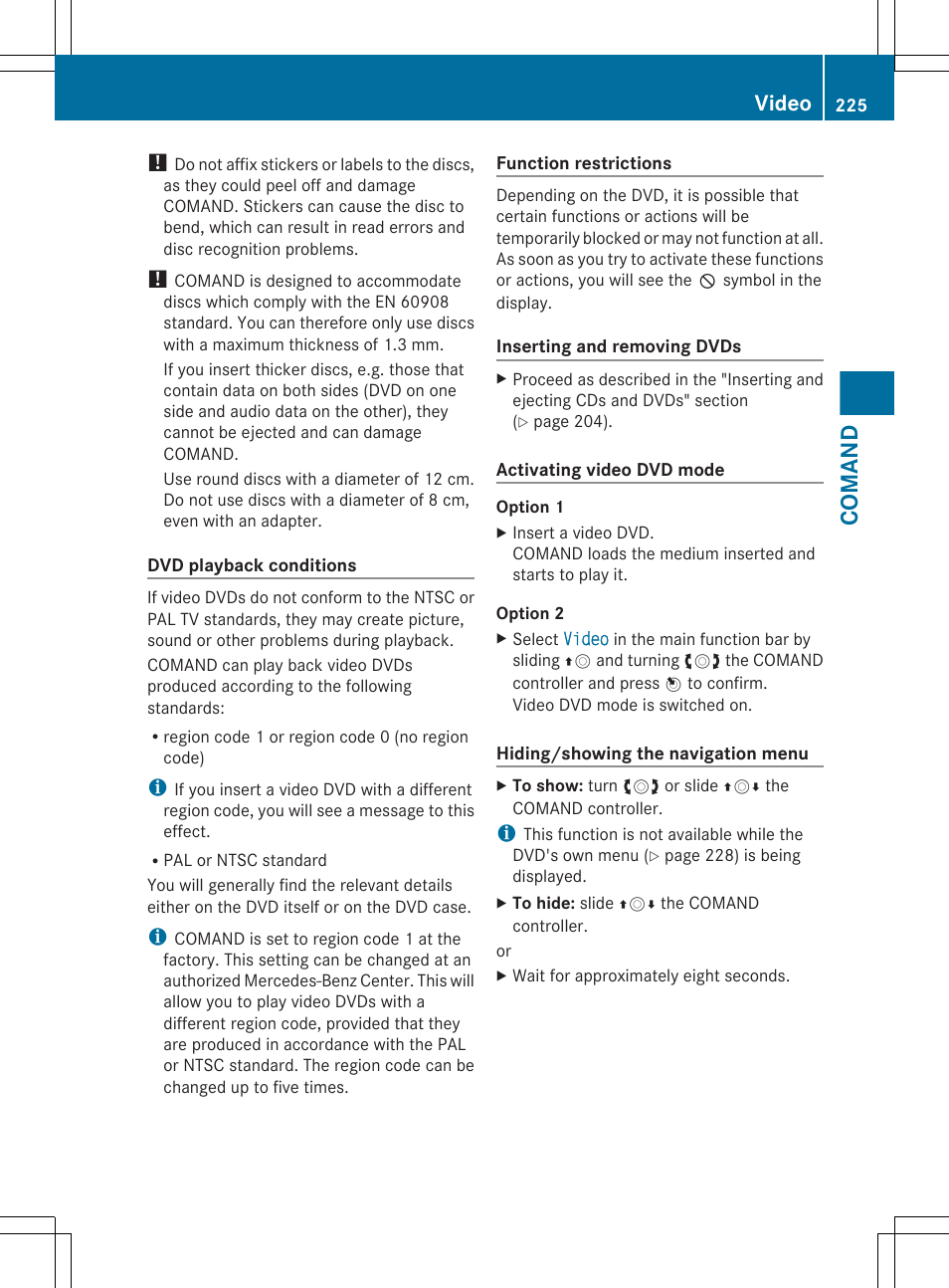 Comand, Video | Mercedes-Benz CL-Class 2012 User Manual | Page 227 / 488