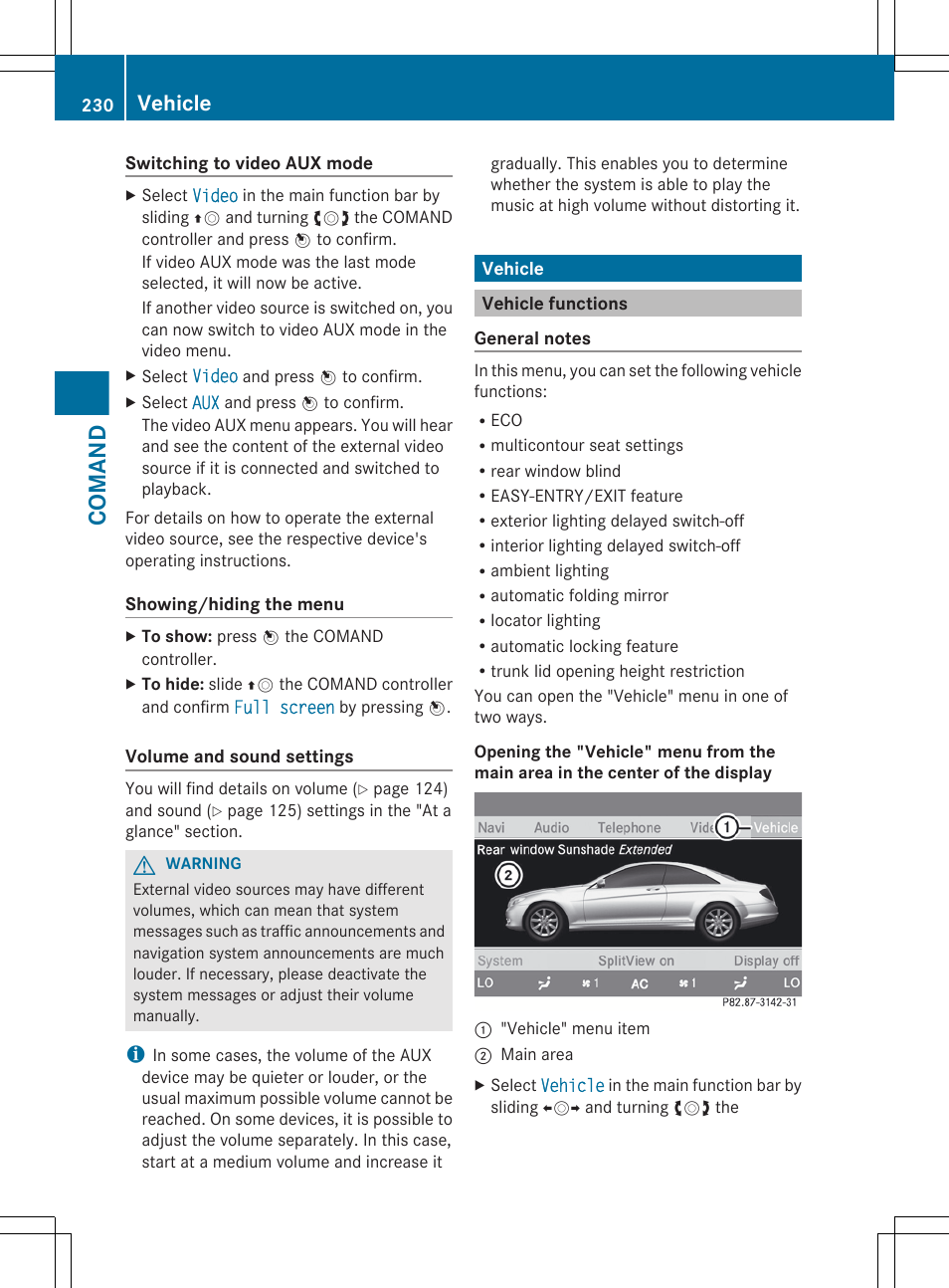 Vehicle, Vehicle functions, Comand | Mercedes-Benz CL-Class 2012 User Manual | Page 232 / 488