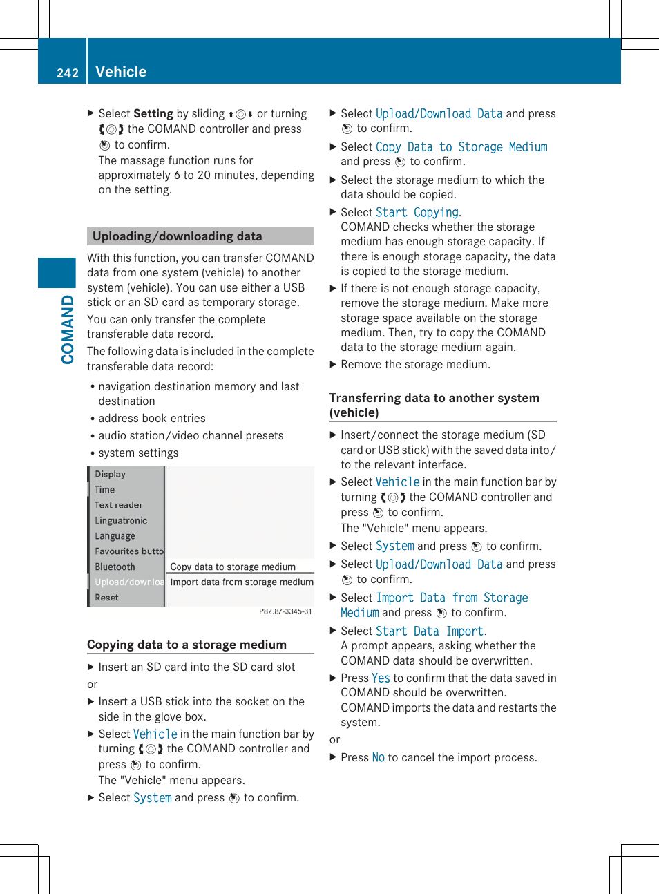 Uploading/downloading data, Comand, Vehicle | Mercedes-Benz CL-Class 2012 User Manual | Page 244 / 488
