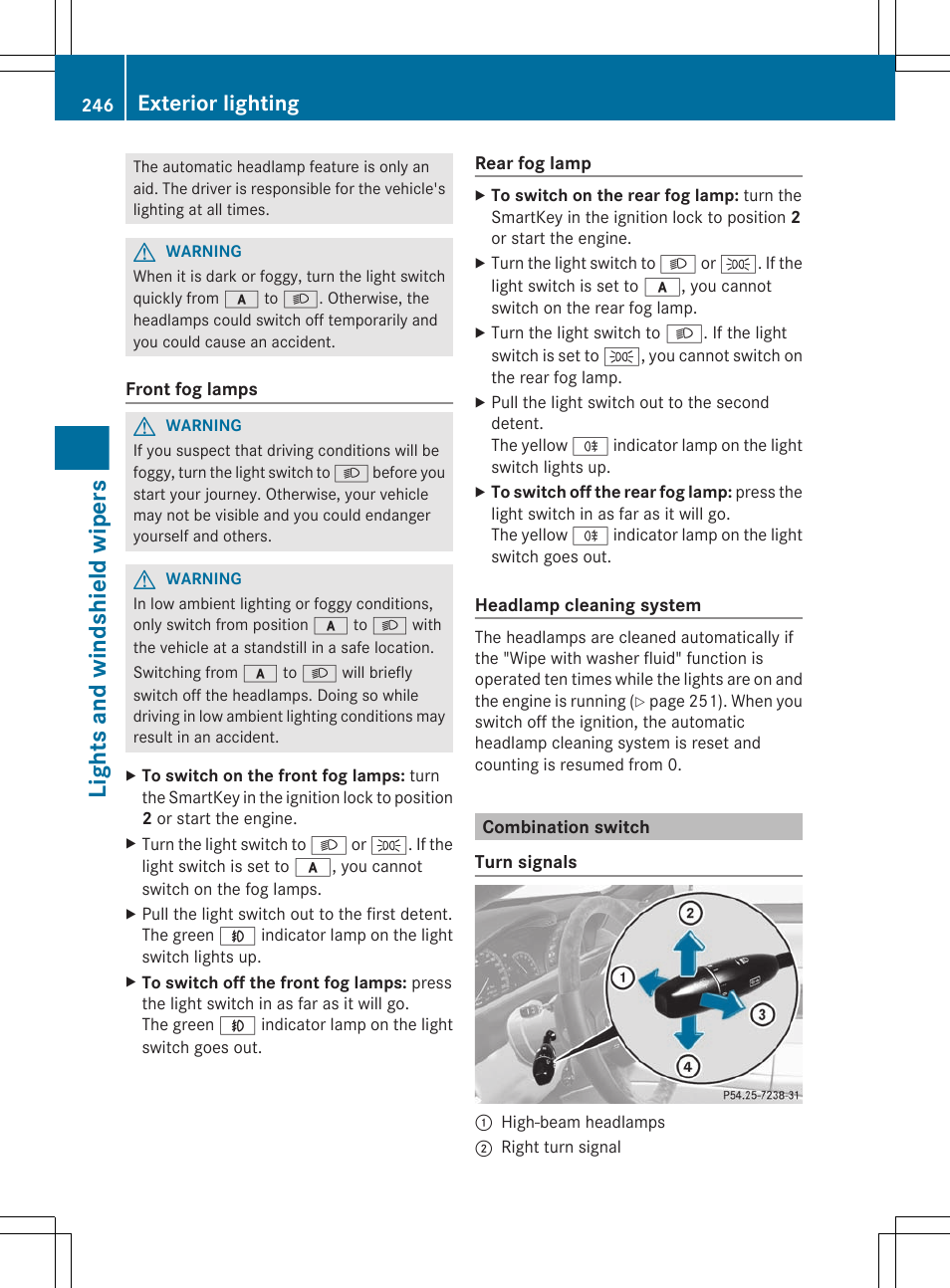Combination switch, Lights and windshield wipers, Exterior lighting | Mercedes-Benz CL-Class 2012 User Manual | Page 248 / 488