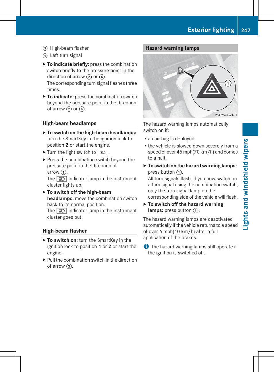Hazard warning lamps, Lights and windshield wipers, Exterior lighting | Mercedes-Benz CL-Class 2012 User Manual | Page 249 / 488
