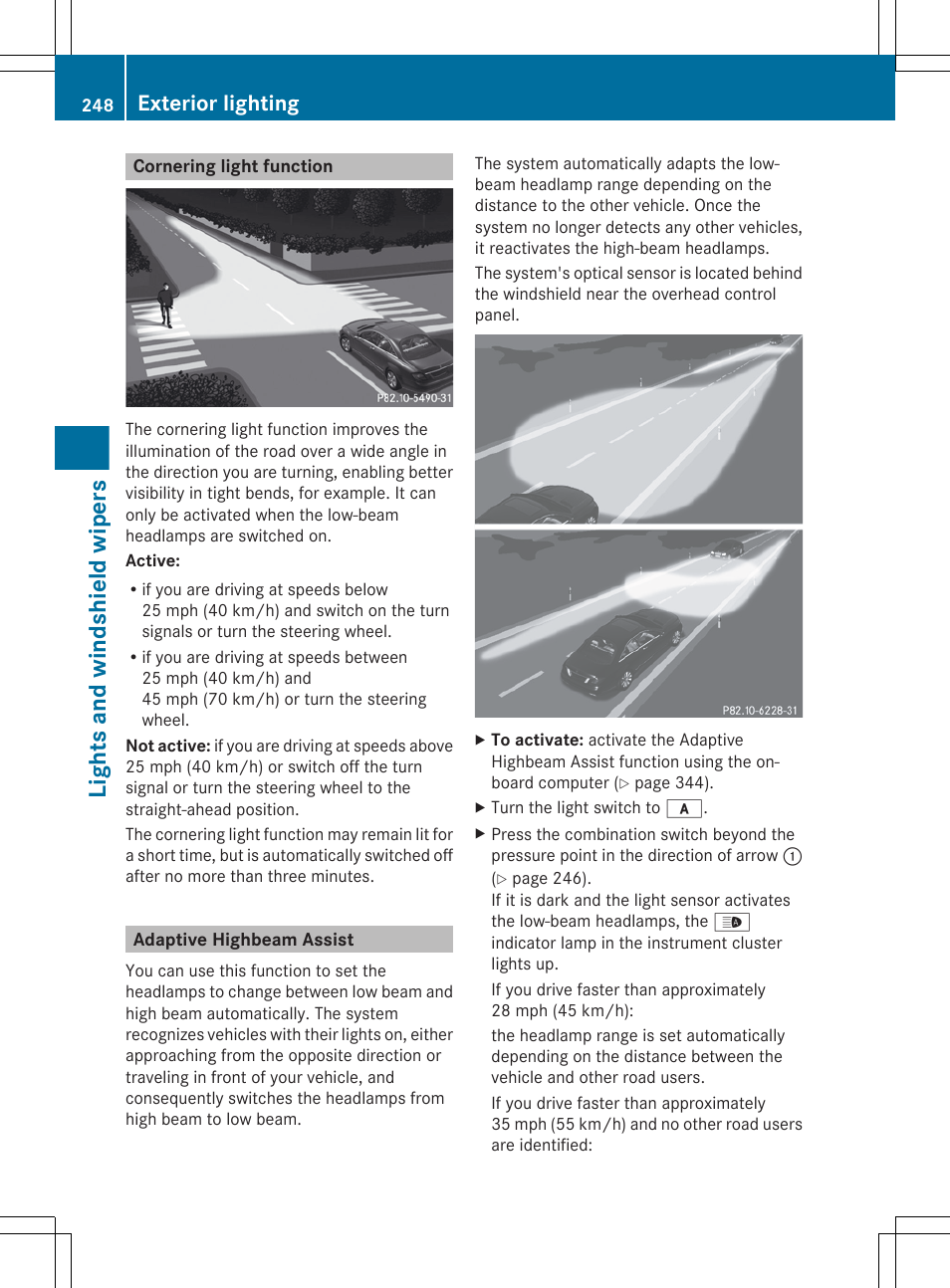 Cornering light function, Adaptive highbeam assist, Lights and windshield wipers | Exterior lighting | Mercedes-Benz CL-Class 2012 User Manual | Page 250 / 488