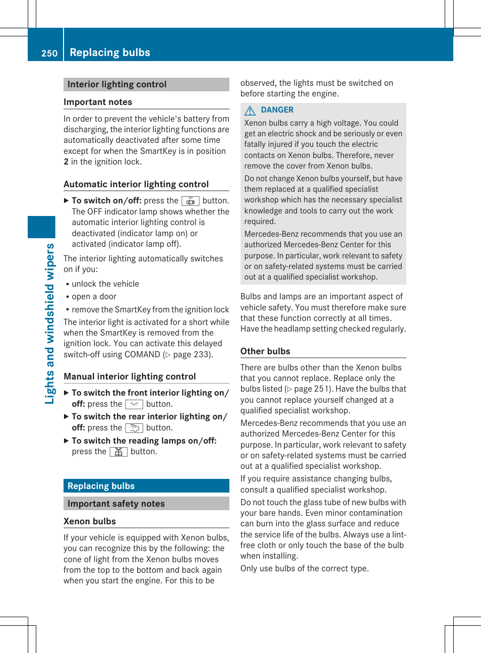 Interior lighting control, Replacing bulbs, Important safety notes | Lights and windshield wipers | Mercedes-Benz CL-Class 2012 User Manual | Page 252 / 488