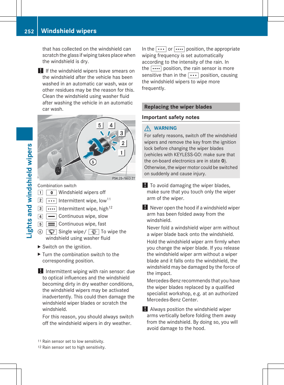 Replacing the wiper blades, Lights and windshield wipers, Windshield wipers | Mercedes-Benz CL-Class 2012 User Manual | Page 254 / 488