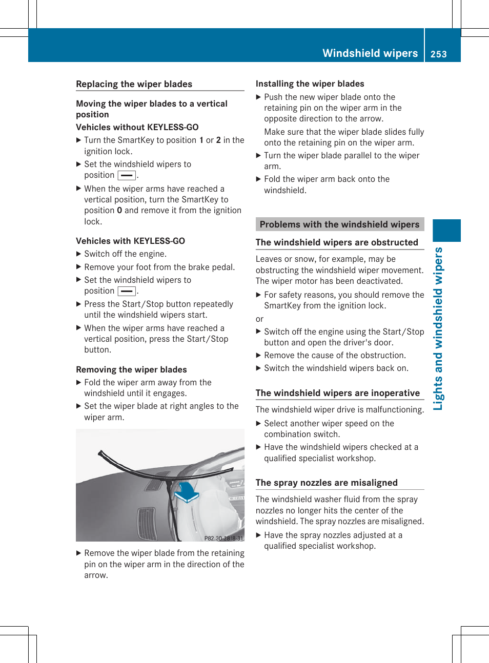 Problems with the windshield wipers, Lights and windshield wipers, Windshield wipers | Mercedes-Benz CL-Class 2012 User Manual | Page 255 / 488
