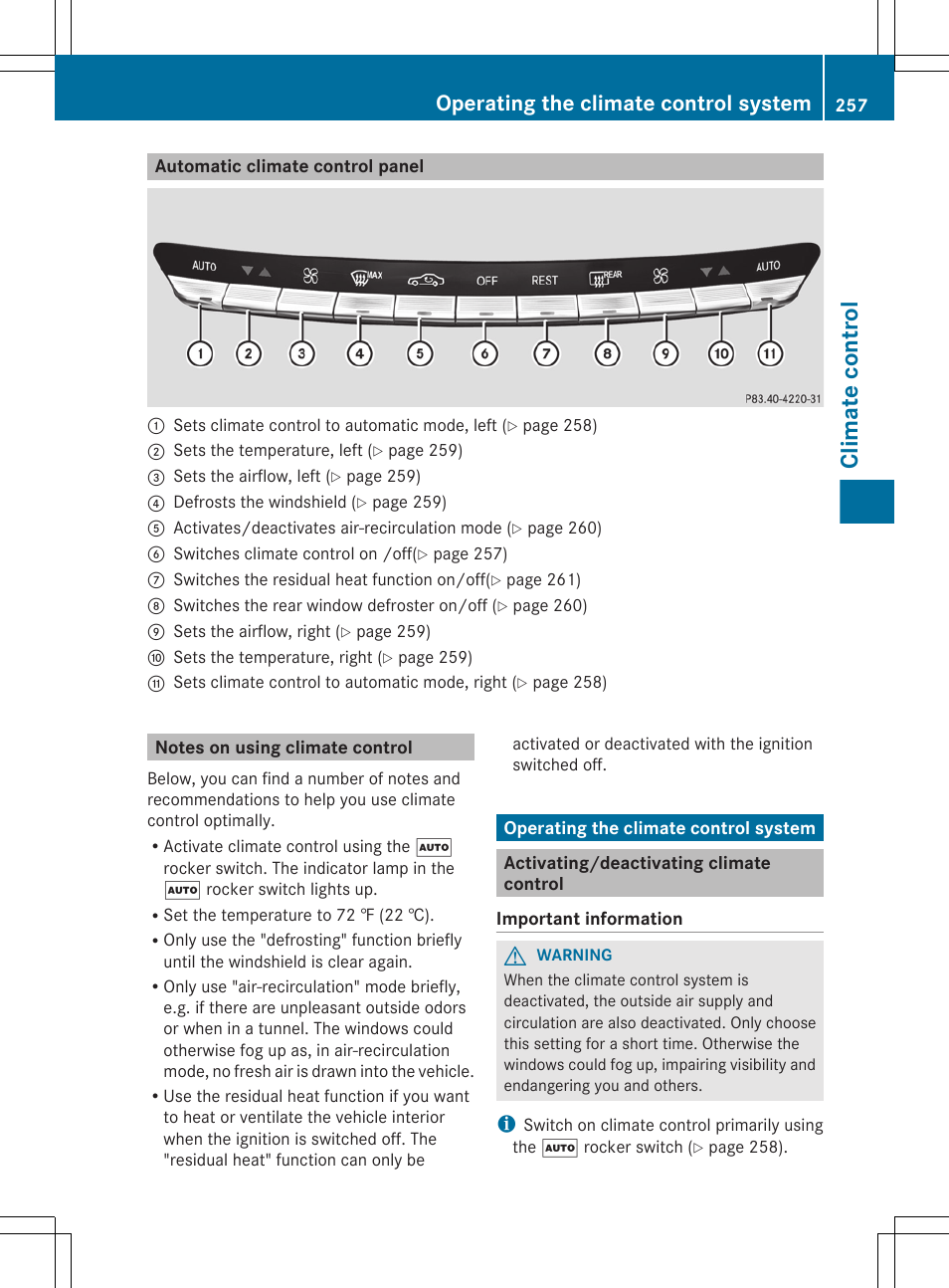 Automatic climate control panel, Notes on using climate control, Operating the climate control system | Activating/deactivating climate control, Section of the center console, Climate control | Mercedes-Benz CL-Class 2012 User Manual | Page 259 / 488
