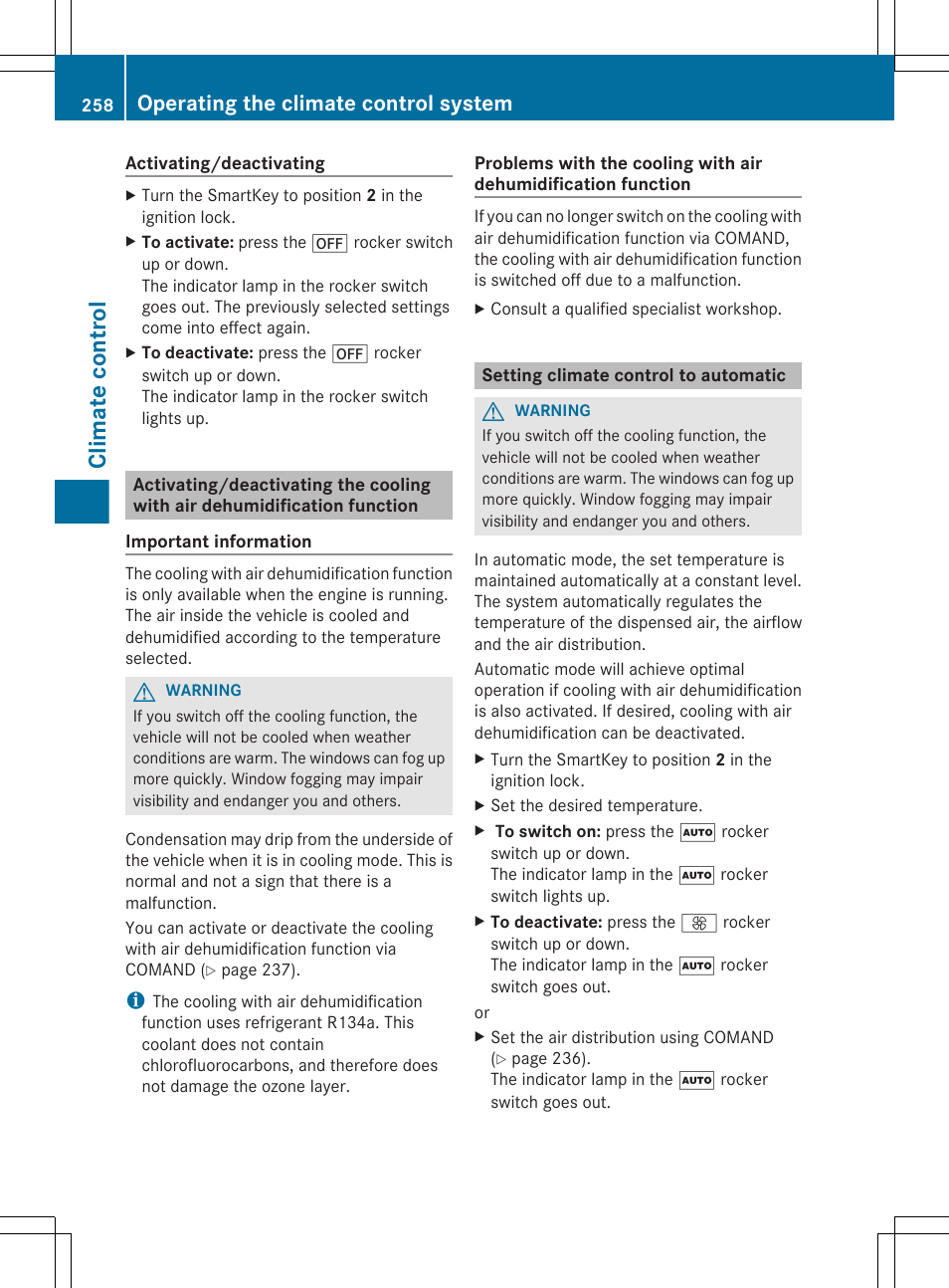 Setting climate control to automatic, Rocker switch, Climate control | Operating the climate control system | Mercedes-Benz CL-Class 2012 User Manual | Page 260 / 488