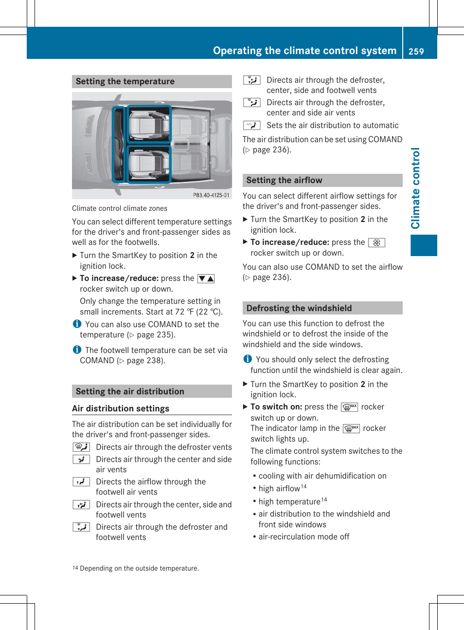 Setting the temperature, Setting the air distribution, Setting the airflow | Defrosting the windshield, Sets the temperature, left, Sets the airflow, left, Defrosts the windshield, Sets the airflow, right, Sets the temperature, right, Climate control | Mercedes-Benz CL-Class 2012 User Manual | Page 261 / 488
