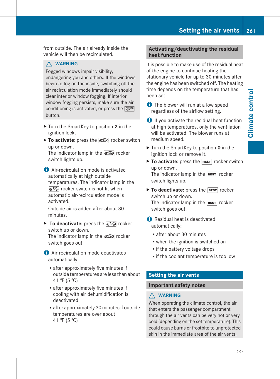 Activating/deactivating the residual heat function, Setting the air vents, Important safety notes | Switches the residual heat function on/off, Climate control | Mercedes-Benz CL-Class 2012 User Manual | Page 263 / 488