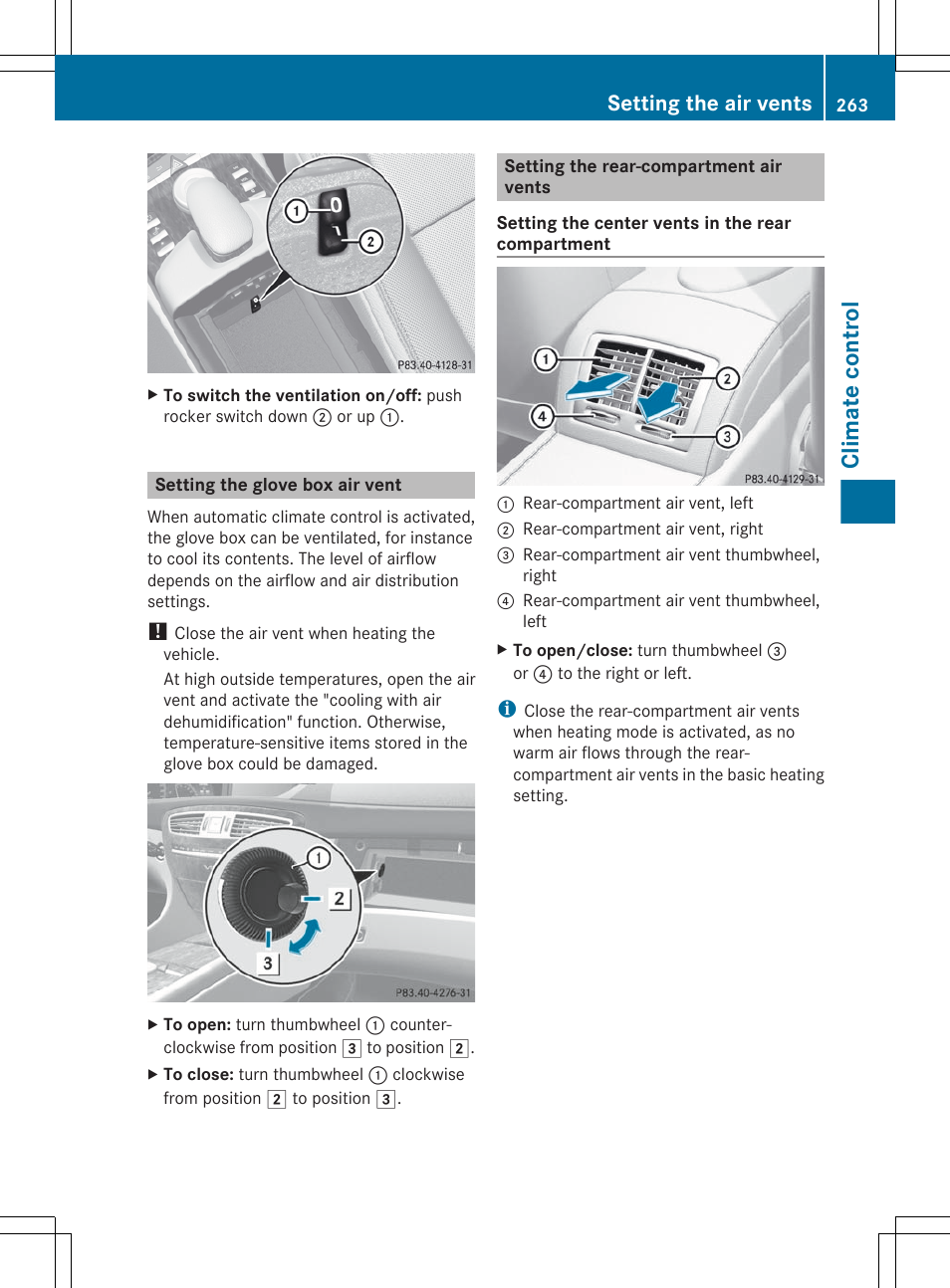 Setting the glove box air vent, Setting the rear-compartment air vents, Climate control | Setting the air vents | Mercedes-Benz CL-Class 2012 User Manual | Page 265 / 488