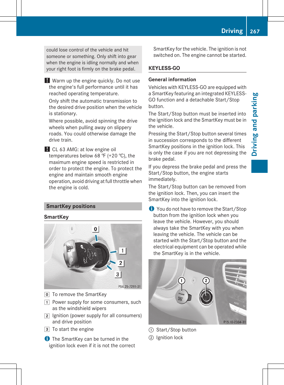 Smartkey positions, Driving and parking, Driving | Mercedes-Benz CL-Class 2012 User Manual | Page 269 / 488