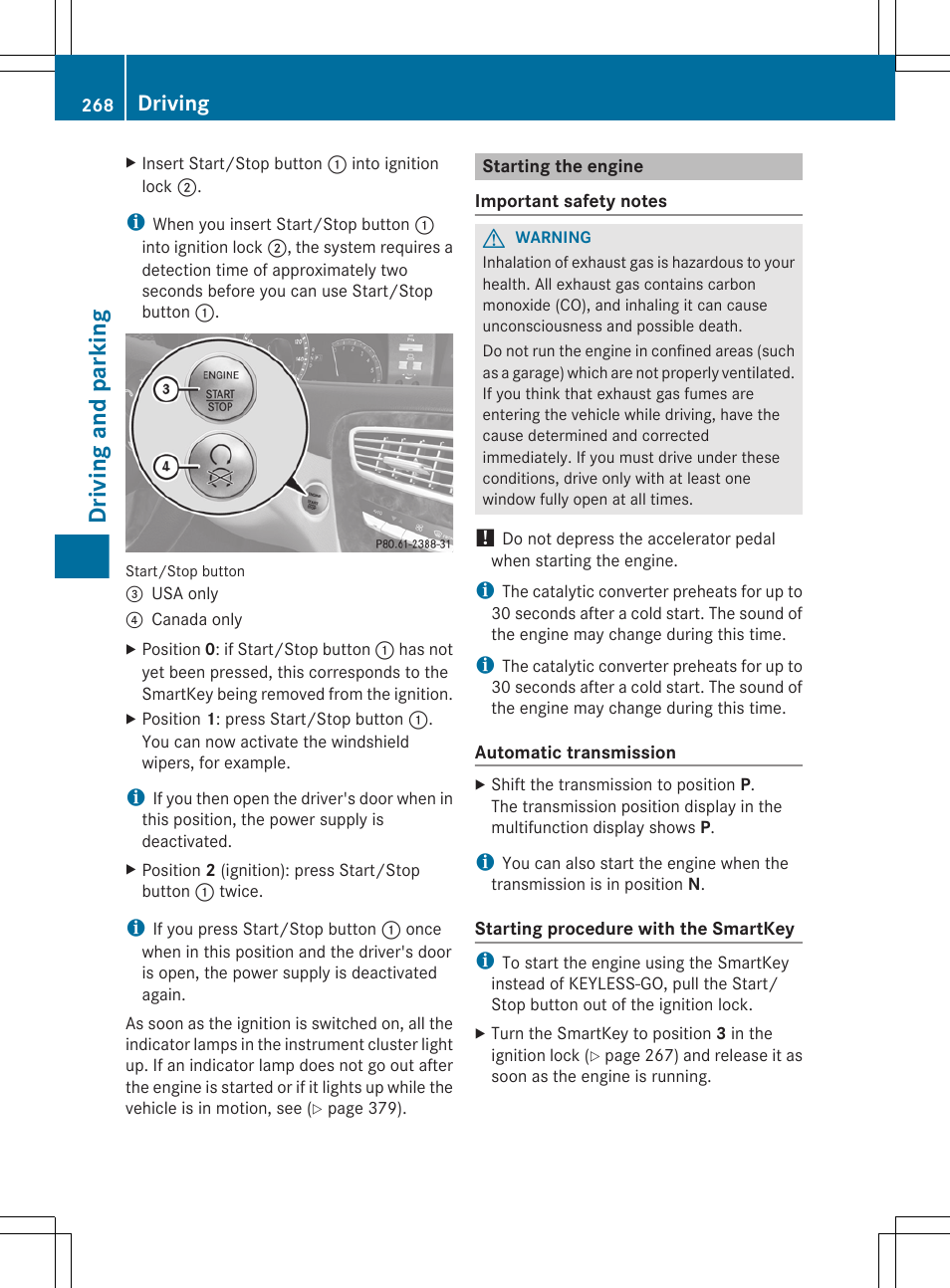Starting the engine, Driving and parking, Driving | Mercedes-Benz CL-Class 2012 User Manual | Page 270 / 488