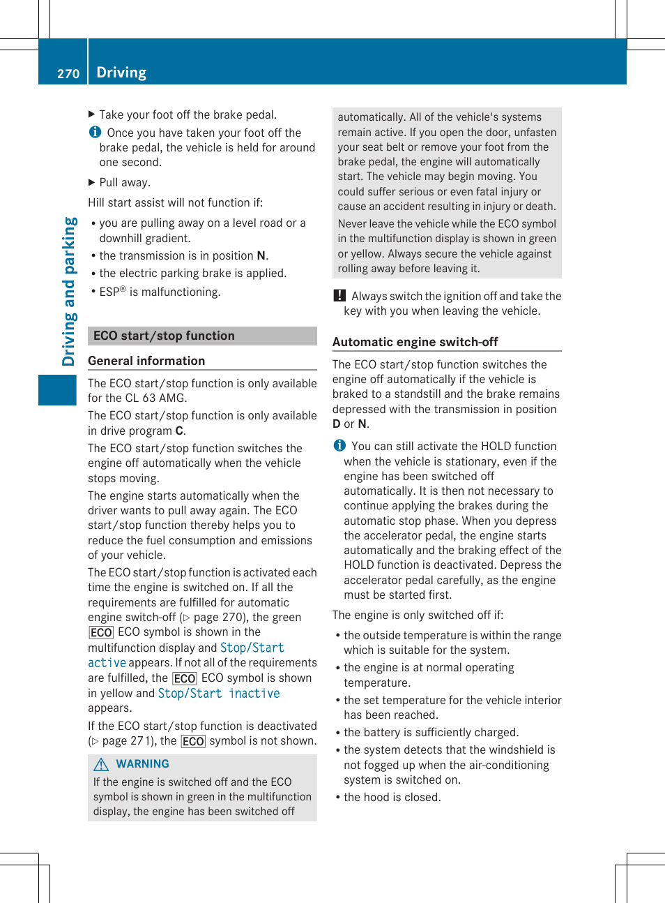 Eco start/stop function, Driving and parking, Driving | Mercedes-Benz CL-Class 2012 User Manual | Page 272 / 488