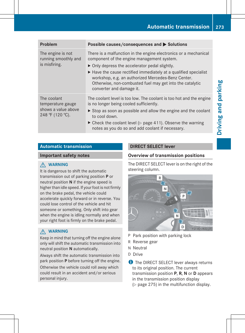 Automatic transmission, Important safety notes, Direct select lever | Driving and parking | Mercedes-Benz CL-Class 2012 User Manual | Page 275 / 488