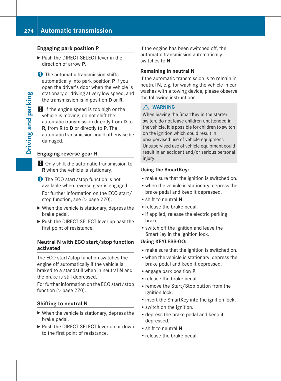 Driving and parking, Automatic transmission | Mercedes-Benz CL-Class 2012 User Manual | Page 276 / 488