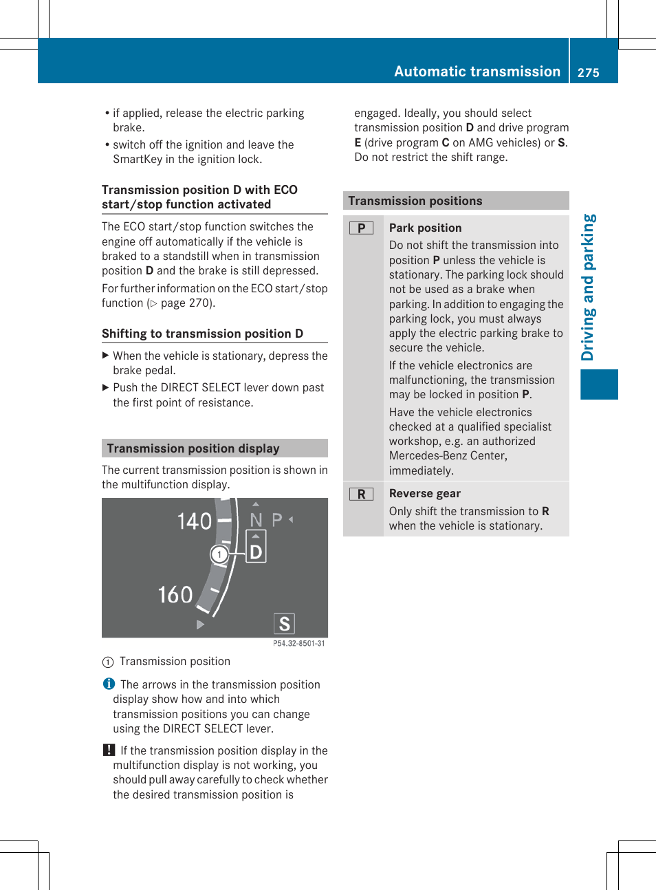 Transmission position display, Transmission positions, Driving and parking | Automatic transmission | Mercedes-Benz CL-Class 2012 User Manual | Page 277 / 488