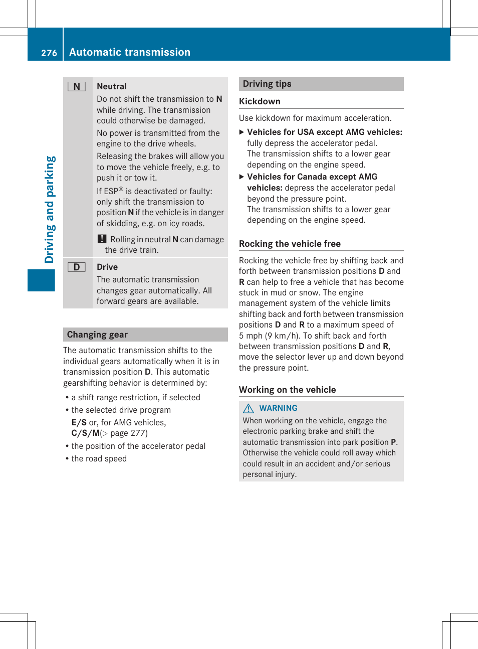 Changing gear, Driving tips, Driving and parking | Automatic transmission | Mercedes-Benz CL-Class 2012 User Manual | Page 278 / 488