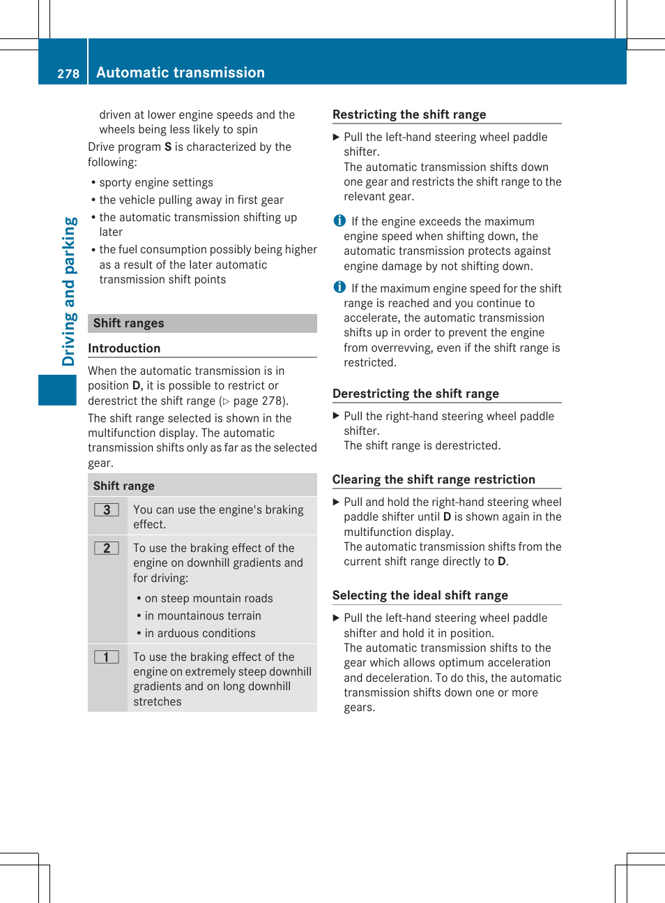 Shift ranges, Driving and parking, Automatic transmission | Mercedes-Benz CL-Class 2012 User Manual | Page 280 / 488
