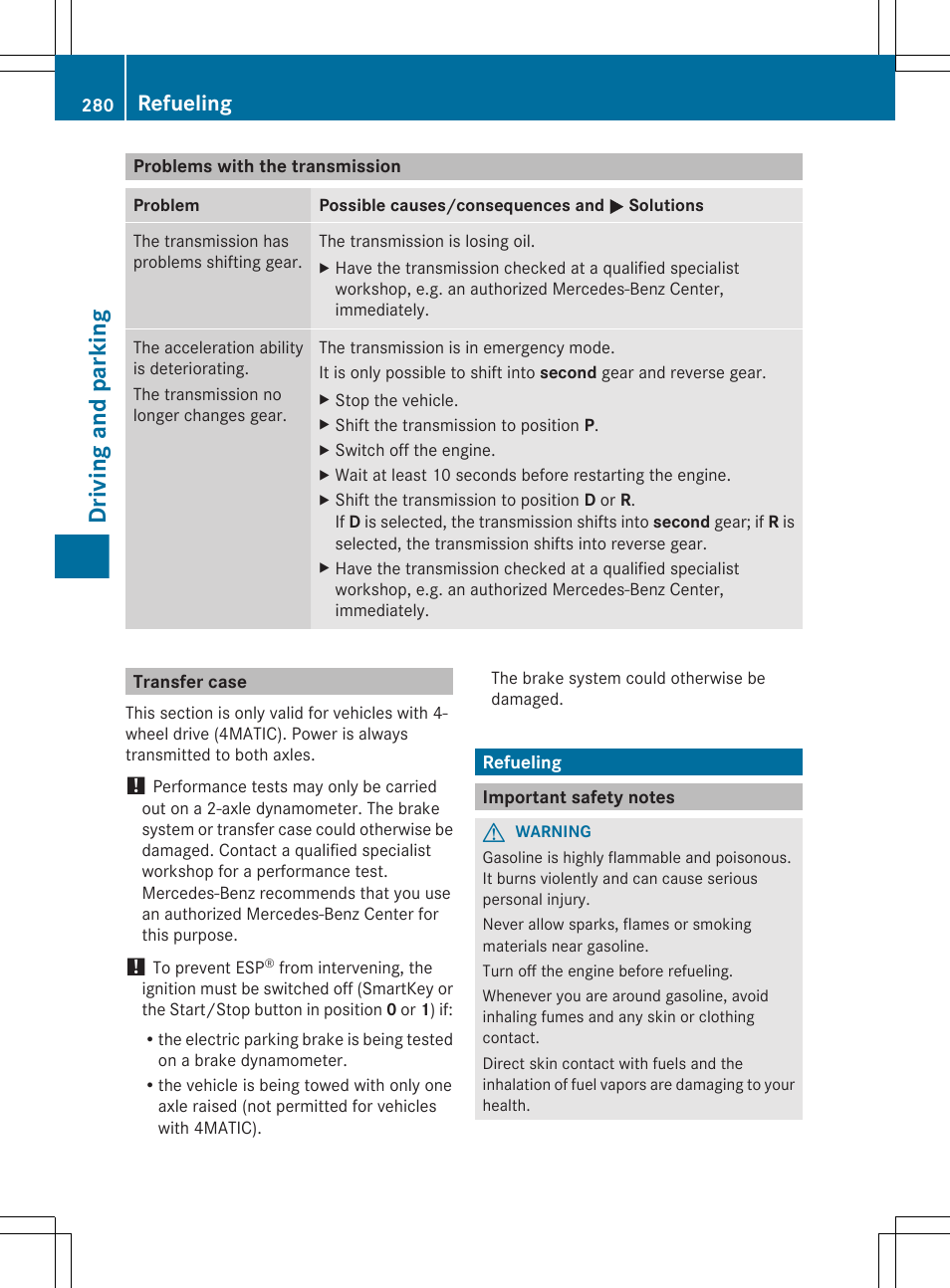 Problems with the transmission, Transfer case, Refueling | Important safety notes, Driving and parking | Mercedes-Benz CL-Class 2012 User Manual | Page 282 / 488