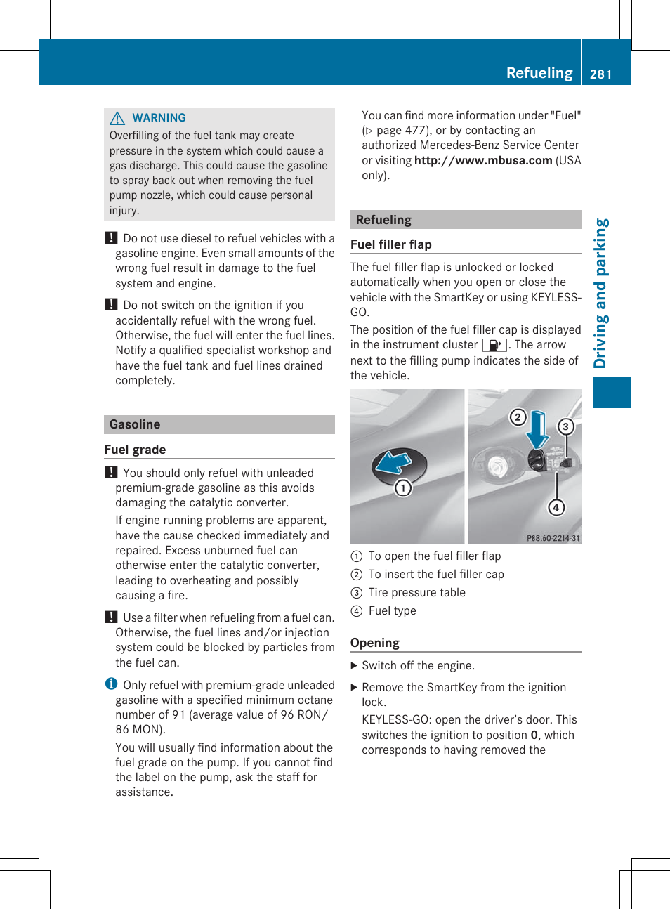 Gasoline, Refueling, Driving and parking | Mercedes-Benz CL-Class 2012 User Manual | Page 283 / 488