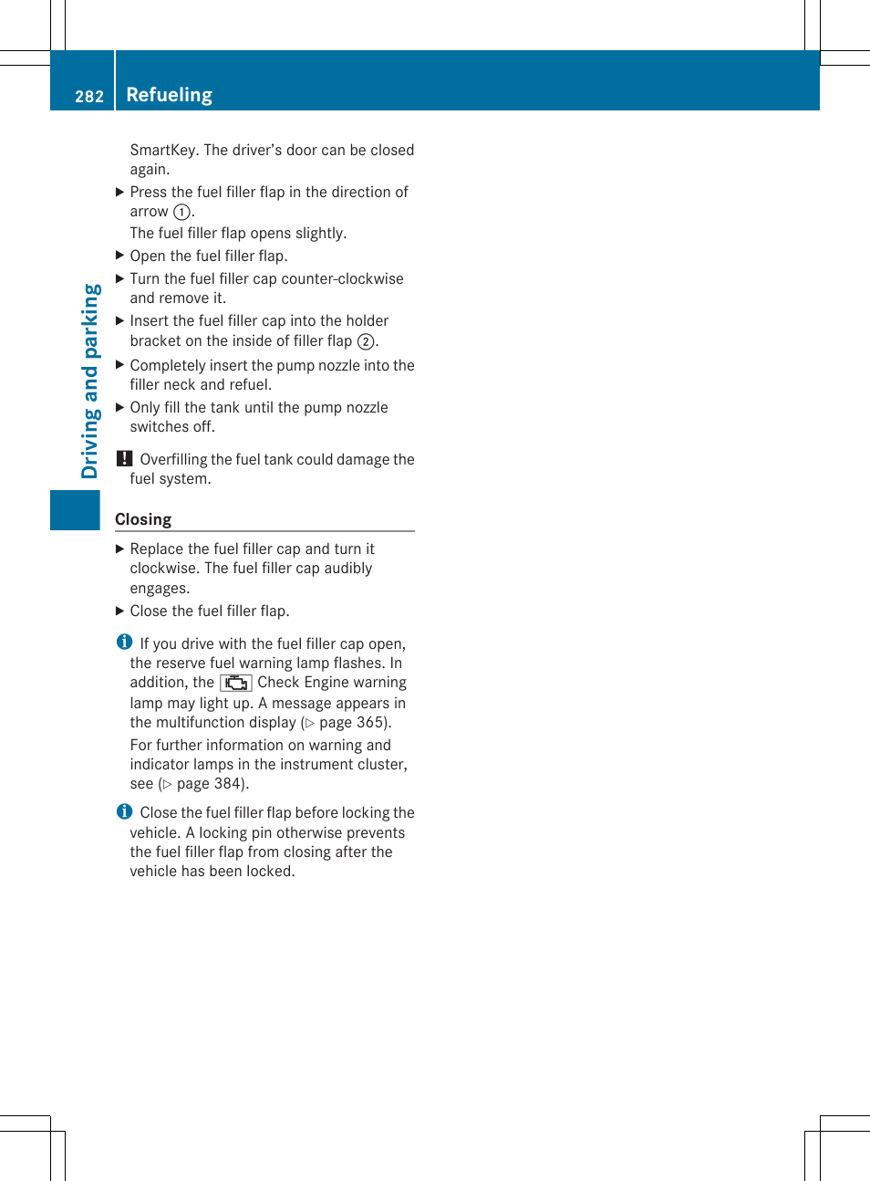 Driving and parking, Refueling | Mercedes-Benz CL-Class 2012 User Manual | Page 284 / 488