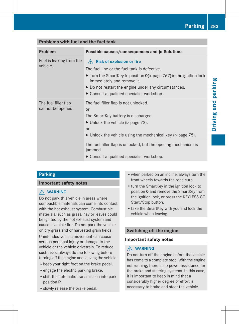 Problems with fuel and the fuel tank, Parking, Important safety notes | Switching off the engine, Driving and parking | Mercedes-Benz CL-Class 2012 User Manual | Page 285 / 488