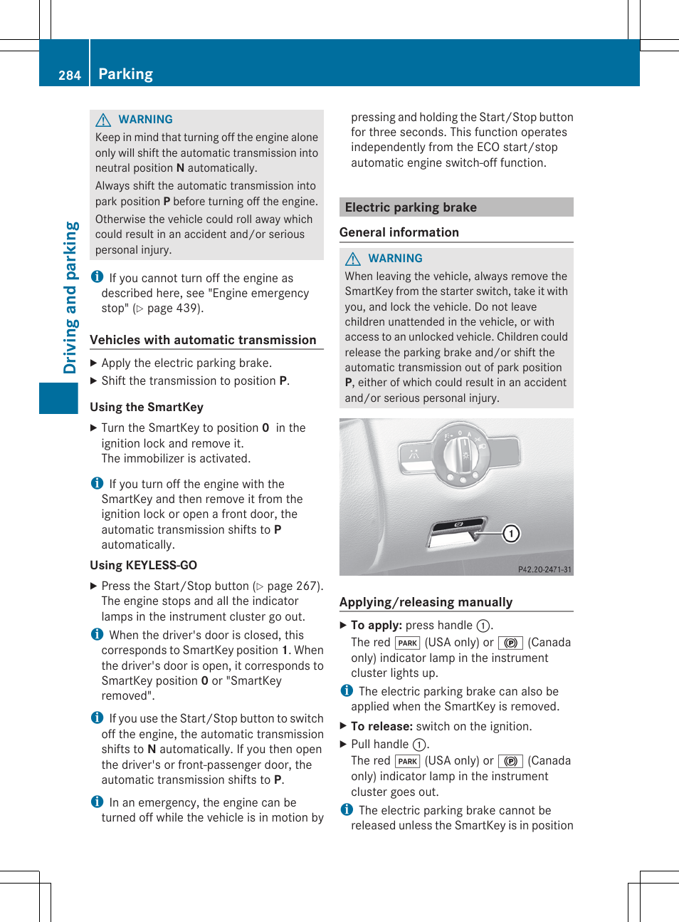 Electric parking brake, The electric parking brake, Driving and parking | Parking | Mercedes-Benz CL-Class 2012 User Manual | Page 286 / 488
