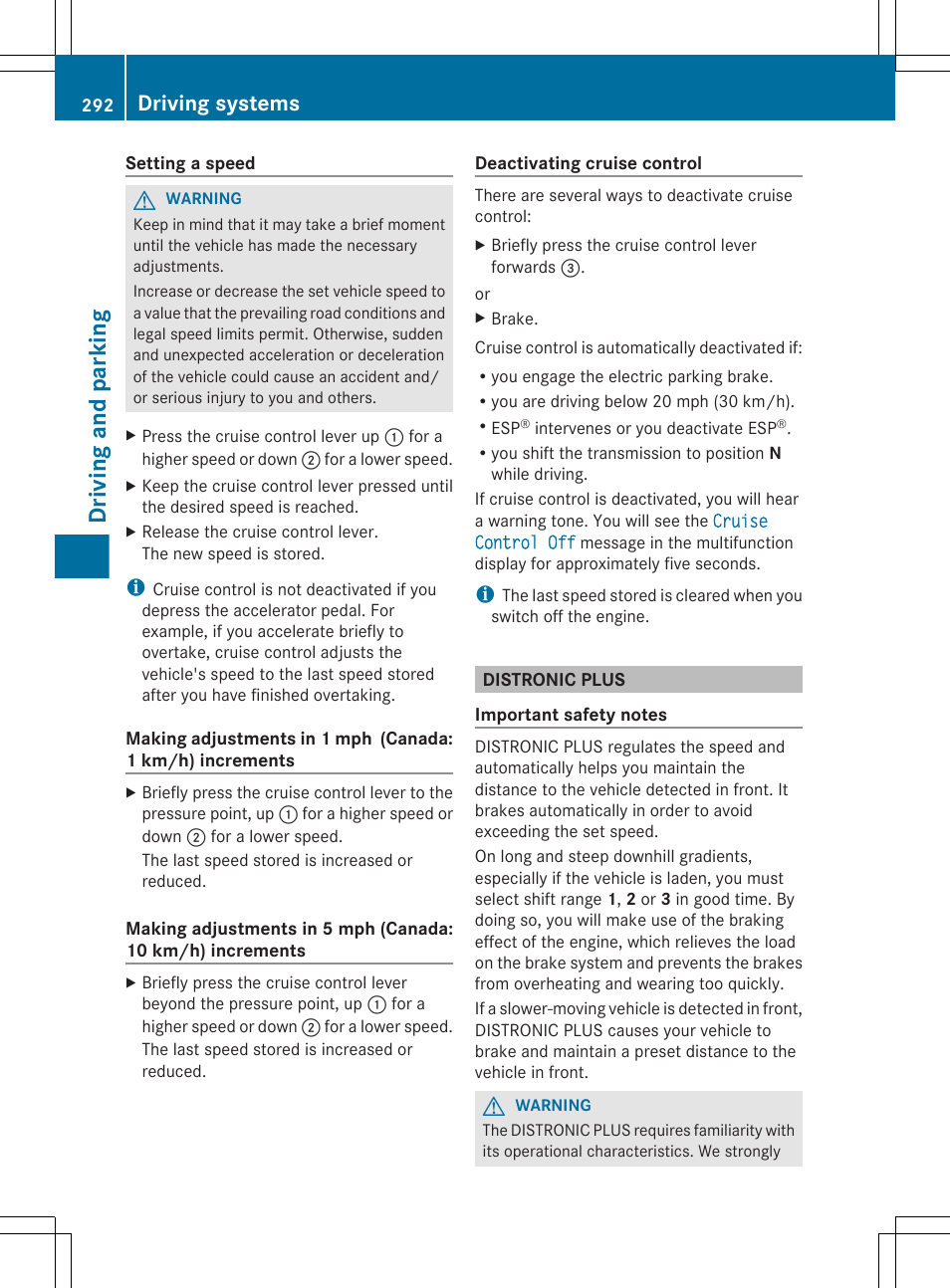 Distronic plus, Driving and parking, Driving systems | Mercedes-Benz CL-Class 2012 User Manual | Page 294 / 488