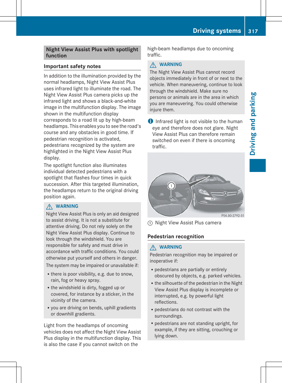 Night view assist plus with spotlight function, Driving and parking, Driving systems | Mercedes-Benz CL-Class 2012 User Manual | Page 319 / 488