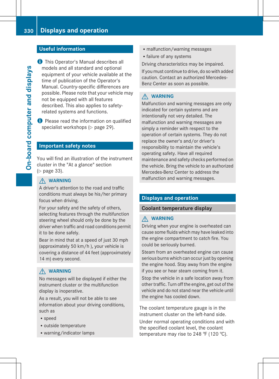 On-board computer and displays, Useful information, Important safety notes | Displays and operation, Coolant temperature display | Mercedes-Benz CL-Class 2012 User Manual | Page 332 / 488