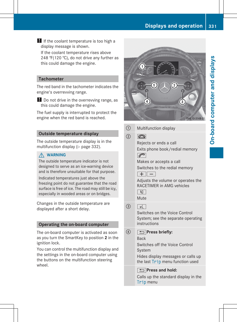 Tachometer, Outside temperature display, Operating the on-board computer | On-board computer and displays, Displays and operation | Mercedes-Benz CL-Class 2012 User Manual | Page 333 / 488