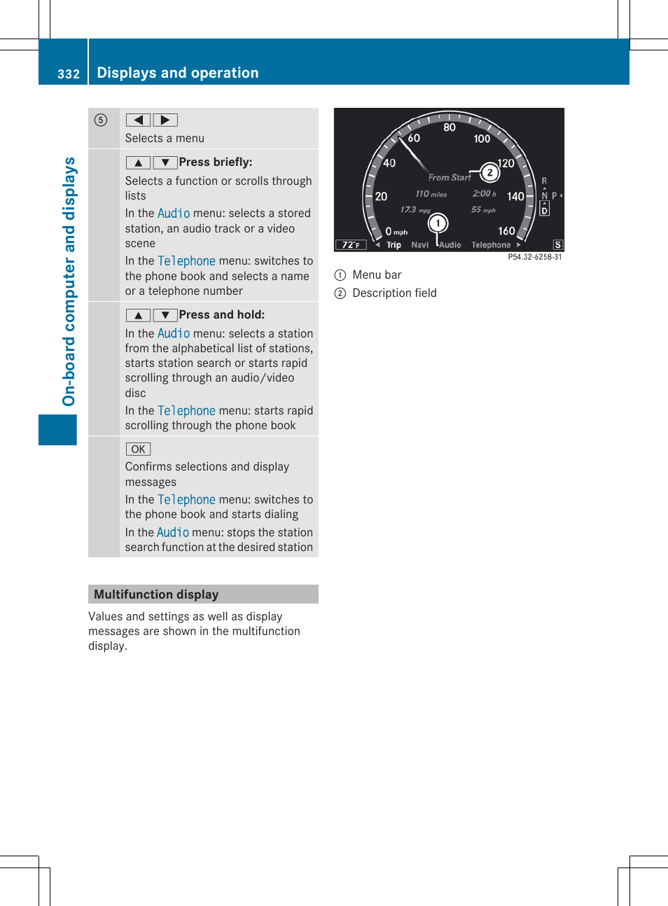 Multifunction display, On-board computer and displays, Displays and operation | Mercedes-Benz CL-Class 2012 User Manual | Page 334 / 488
