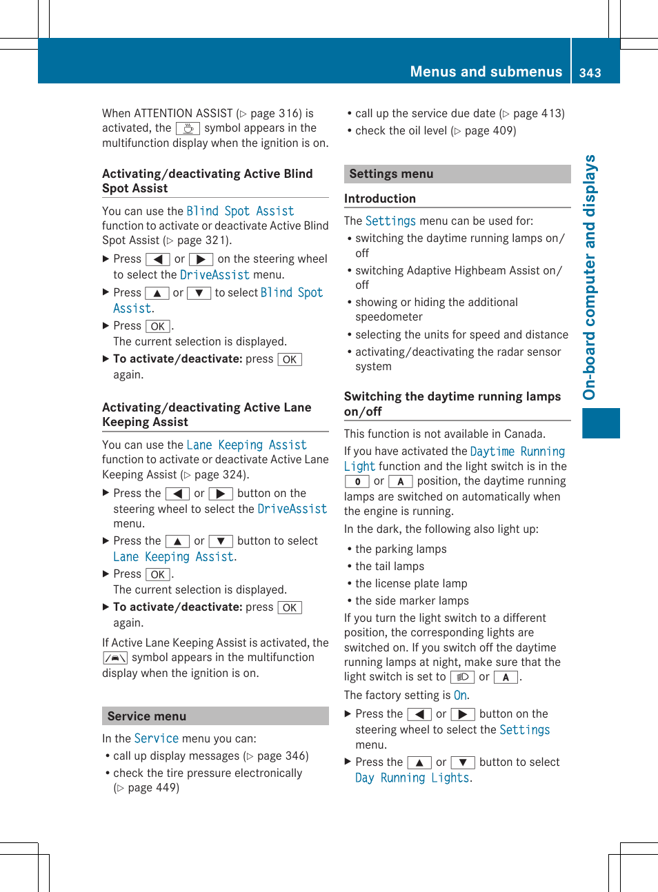Service menu, Settings menu, Menu | On-board computer and displays, Menus and submenus | Mercedes-Benz CL-Class 2012 User Manual | Page 345 / 488