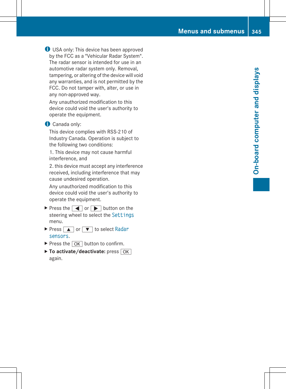 On-board computer and displays, Menus and submenus | Mercedes-Benz CL-Class 2012 User Manual | Page 347 / 488