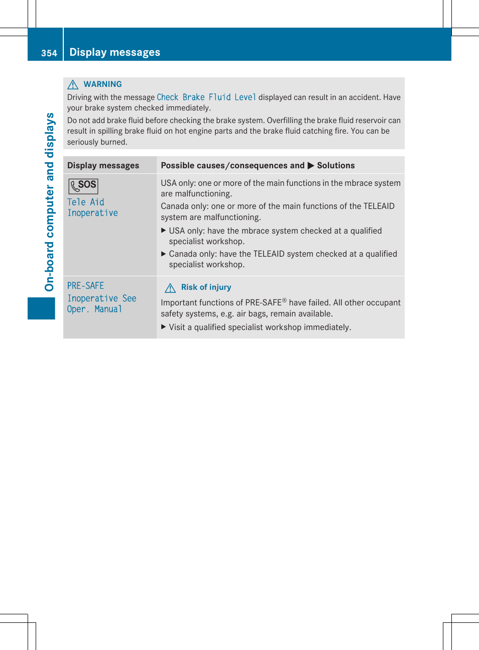 On-board computer and displays, Display messages | Mercedes-Benz CL-Class 2012 User Manual | Page 356 / 488