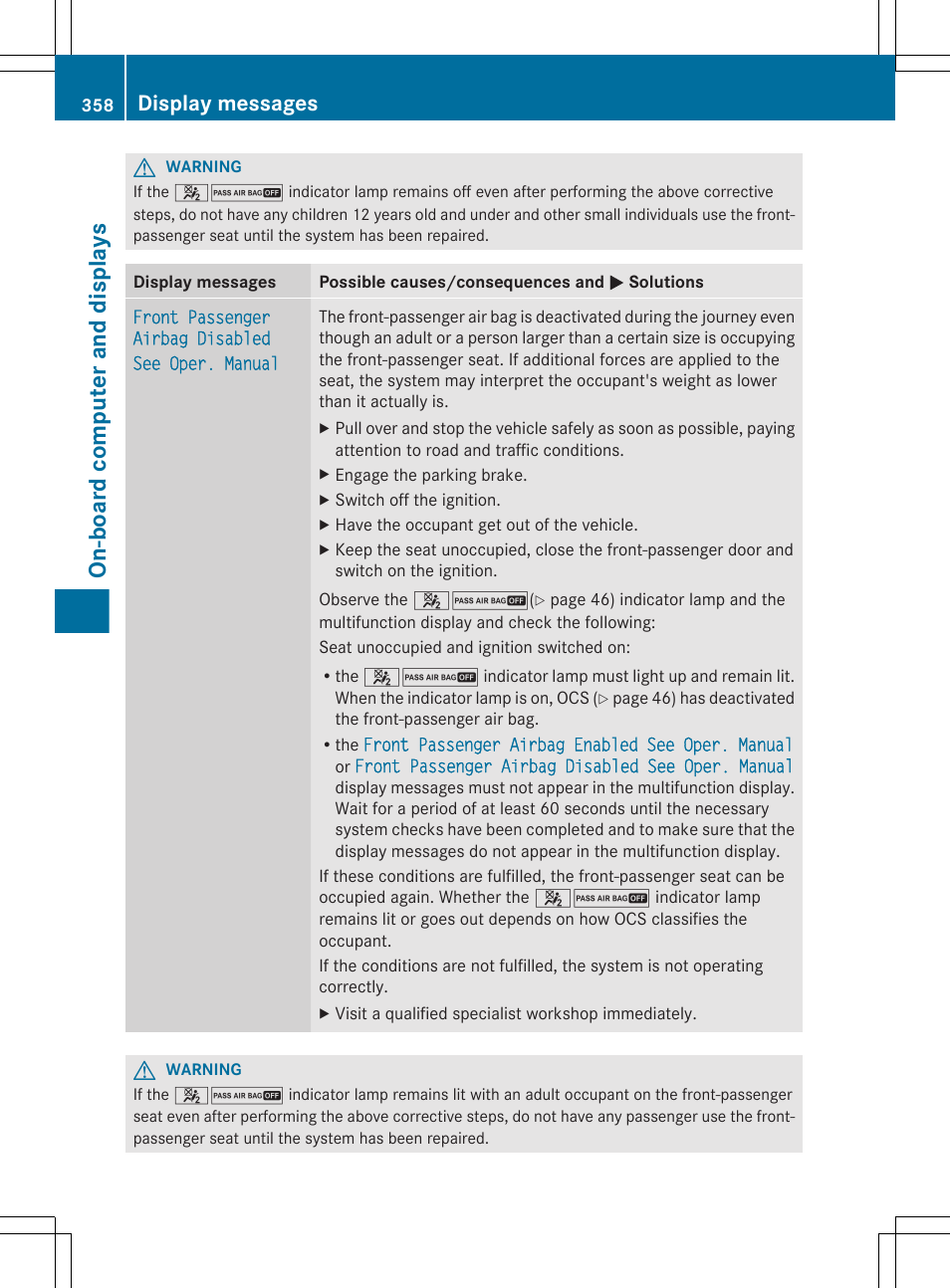 On-board computer and displays, Display messages | Mercedes-Benz CL-Class 2012 User Manual | Page 360 / 488
