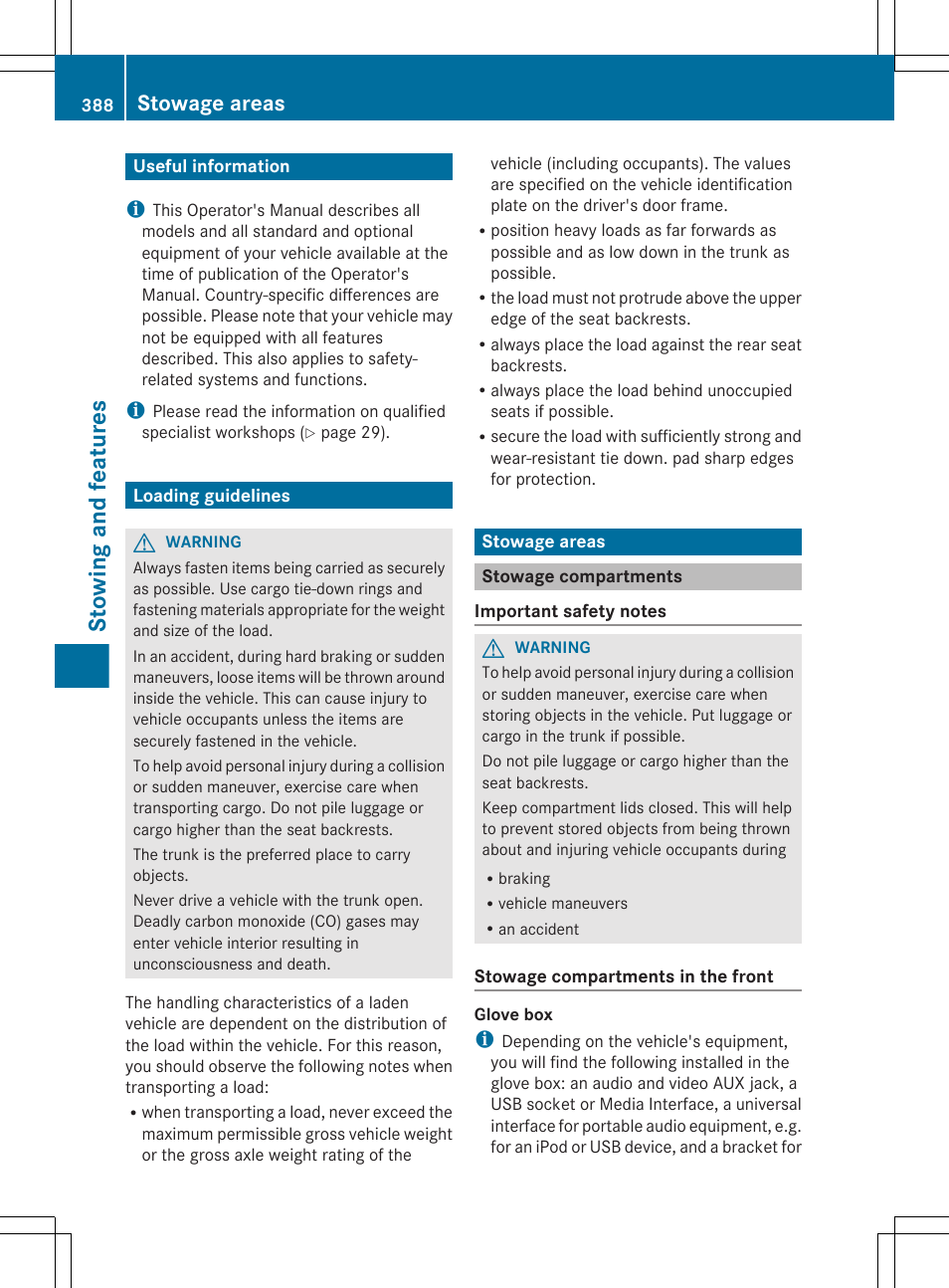 Stowing and features, Useful information, Loading guidelines | Stowage areas, Stowage compartments | Mercedes-Benz CL-Class 2012 User Manual | Page 390 / 488