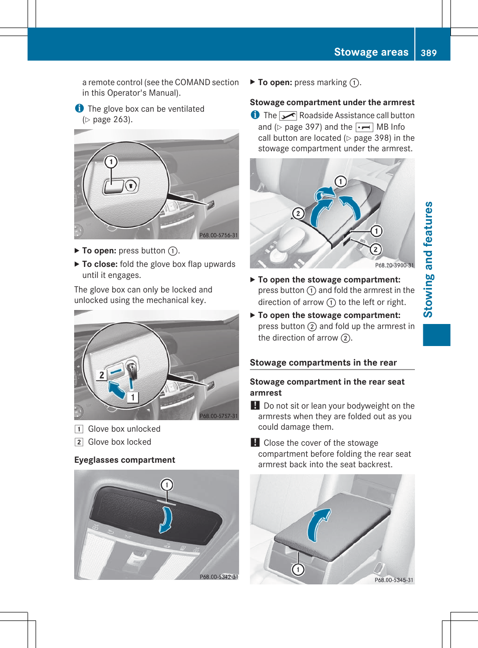 Stowing and features, Stowage areas | Mercedes-Benz CL-Class 2012 User Manual | Page 391 / 488