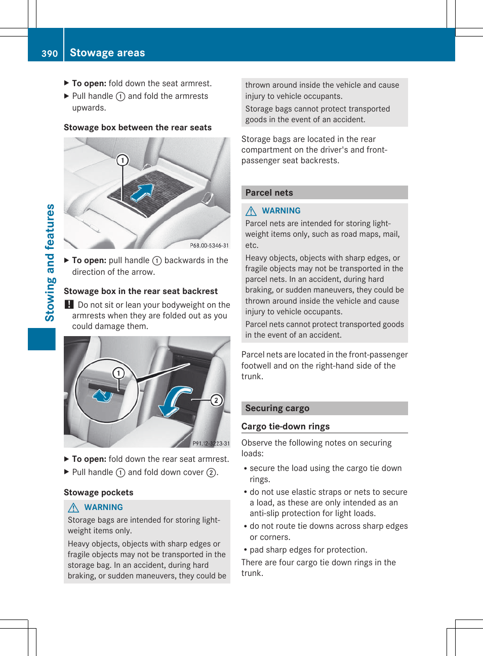 Parcel nets, Securing cargo, Stowing and features | Stowage areas | Mercedes-Benz CL-Class 2012 User Manual | Page 392 / 488